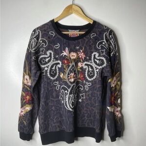 Johnny Was Sweatshirt Size Small Brown Wendy Raglan Embroidered Cheetah